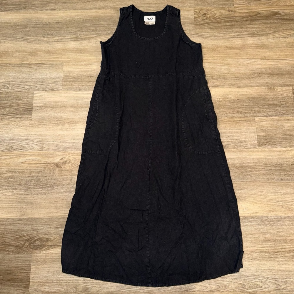 FLAX 100% Linen Sleeveless Maxi Dress Black Scoop Neck Pockets Womens Large